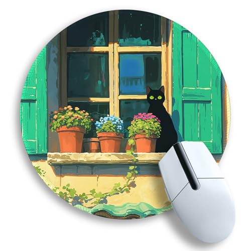 Image of Gctriki Anime Black Cat Mouse Pad, Cute Round Computer Mouse Pads for Desk Laptop Gaming, Stitched Edge Non-Slip Rubber Base, Cute Cat Home Office Desk Accessories Decor for Women