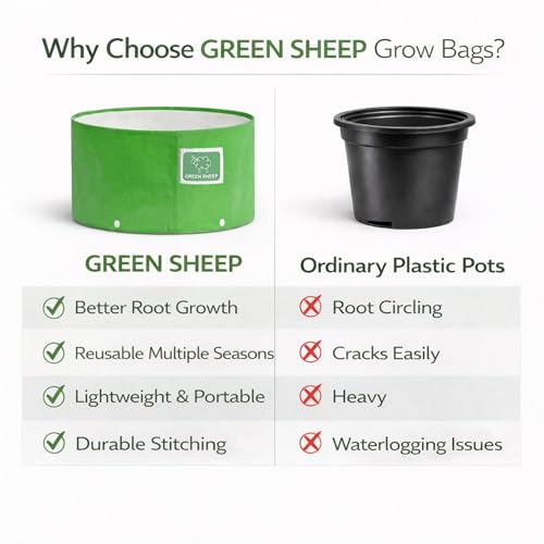 Image of GREENSHEEP HDPE Grow Bag Heavy Duty 260 GSM Round Plants Flower Growing Bags Floor Standing Mount Type for Home Garden Balcony Terrace Kitchen Nursery (Green, 9x6 inch, Pack of 5)
