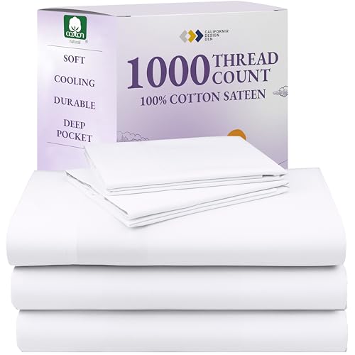 California Design Den Split King Sheets Sets for Adjustable Bed - Luxury 1000 Thread Count Sateen, Thick and Natural 100% Cotton Bed Sheets, Deep Pockets, Durable Bedding Set - White