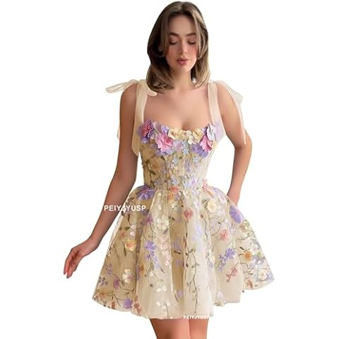 PEIYJYUSP 3D Flower Homecoming Dresses for Teens Spaghetti Strap Short Prom Dress 2024 A Line Tulle Corset Party Gown Champagne US0 Cover