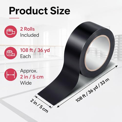 Image of Pangda 2 Rolls Black Vinyl Floor Tape 36 yd X 2 in for Gym Dance