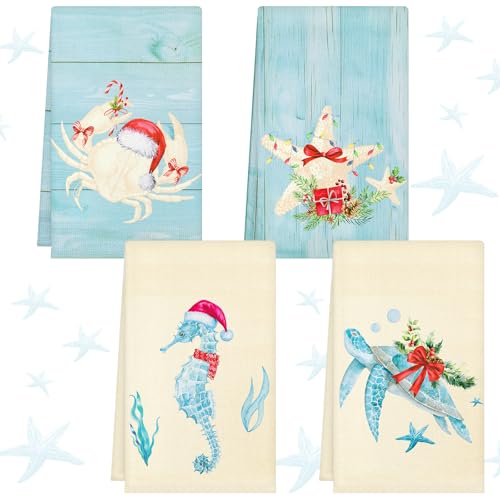 Remagr 4 Pcs Christmas Coastal Sealife Kitchen Towels 18 x 26 Inches Xmas Themed Ocean Decorative Christmas Dish Coastal Towels for Kitchen Bathroom Decor Gifts