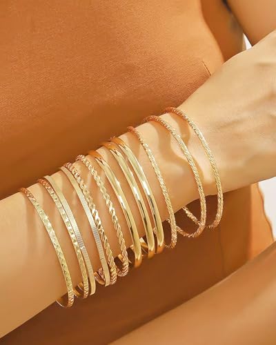 12 Pcs Indian Bangles for Women Vintage Stackable 14k Gold Plated Indian Bangle Bracelets Adjustable Minimalist Textured Gold Brac-elets Wedding Party Prom Jewelry Gifts4