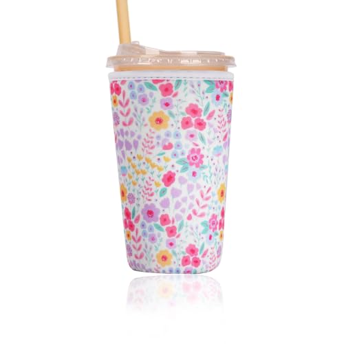 Image of Reusable Insulated Sleeve for Iced Coffee Cup, Coffee Neoprene Sleeve for Cold & Hot Drinks, Beverage Holder for Iced Coffee (Pastel Florals, Large: 32oz)