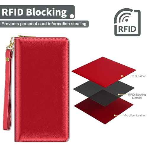Image of Nipichsha Womens Wallet, RFID Wristlet Wallet for Women, Cute Ladies Purse, Large Credit Card Clutch Purse, Leather Card Holder Wallets with Zipper & Phone Holder, Red