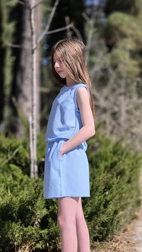 Image of Arshiner Girls Summer 2 Piece Outfit Sleeveless Top and Paperbag Waist Shorts with Pockets Kids Shorts Set Ages 5-13
