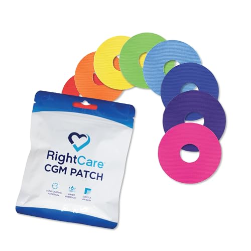 RightCare CGM Adhesive Patches Pre-Cut for Freestyle Libre 2 & 3 and Lingo Waterproof Adhesive Medical Tape Uncovered Circle Protective Patches Multicolor Assortment Bag of 25