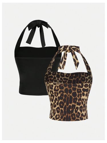 SOLY HUX Girl's 2 Piece Halter Tank Top Leopard Print Ruched Tie Backless Sleeveless Y2k Tops2