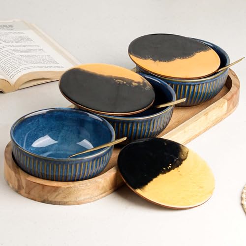 Image of The Earth Store Glam Blue Ceramic Bowl Serving Set - 3 Bowls (500ml Each) with Wooden Tray, 3 Spoons & 3 Multipurpose Lids /Coaster - for Snacks, Curries, Desserts & Fruits