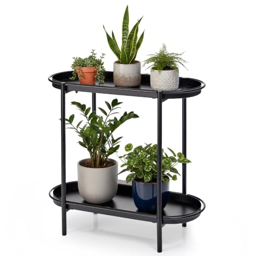 Floraluxe Large Metal 2-Tier Multi-Purpose Stand – Sleek Black Indoor/Outdoor Oval Shelving Unit; Modern Storage Rack for Home Decor, Books, Bathroom Essentials, or Plants