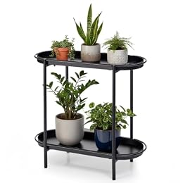 Floraluxe Large Metal 2-Tier Multi-Purpose Stand – Sleek Black Indoor/Outdoor Oval Shelving Unit; Modern Storage Rack for Home Decor, Books, Bathroom Essentials, or Plants