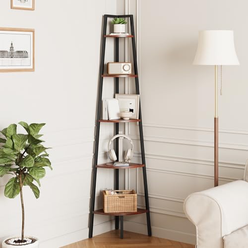 Yoobure Corner Shelf, 5-Tier Corner Bookshelf with Metal Frame & Wood Ladder Shelves - Display Shelf & Tall Bookcase, Plant Stand for Home Decor - Bedroom, Living Room, Office