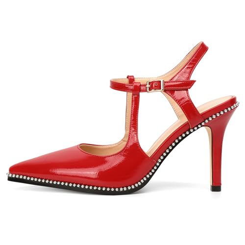 Image of SAMMITOP Womens High Heels Ankle Strap Pointed Toe Stilettos Patent Leather Beaded Pumps Dress Shoes 3.5 Inch