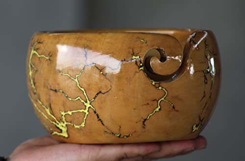 Image of Lichtenberg Figure Yarn Bowl - Handmade Wooden Yarn Bowl for Knitting Yarn Ball Holder - Yarn Bowls with Holes Crochet Bowl Holder - Yarn Storage Bowl 7 inch x 4 inch inches (Yellow Resin Yarn Bowl)