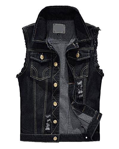 Pishon Men's Sleeveless Denim Vest Casual Slim Fit Ripped Classic Button Down Jean Jacket, Black,Tagsize5XL=USsizeL