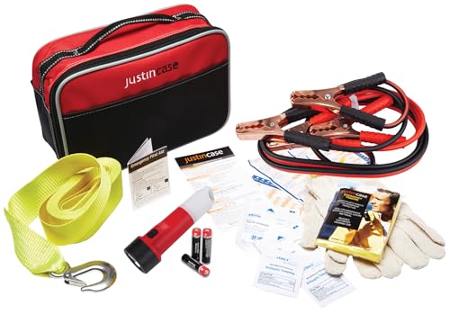 Justin Case Travel Pro Emergency Roadside Kit - Compact Car Safety Set with Jumper Cables, Tow Strap, Flashlight, Gloves, First Aid Kit & 1-Year Free Roadside Assistance