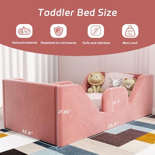 COSYSUPER Toddler Bed, Toddler Flood Bed with Extra Safety Broad, Standard Crib Size for Kids, Certified Fabric Toddler Beds, Pink