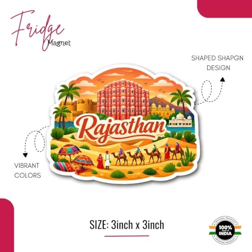 Image of Rajasthan Wooden Fridge Magnet for Home & Office Decor | Rajasthan Theme Magnet | Kitchen Decor | Indian Tourism Design with State Famous Items (Rajasthan)