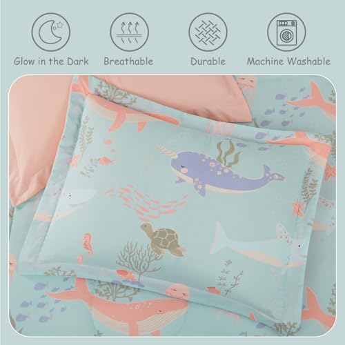 Twin Comforter Set for Girls Kids - 3 Pieces Ocean Animals Twin XL Bedding Set with 1 Comforter, 1 Decor Pillow & 1 Pillow Sham