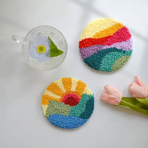Image of Huacan Love Punch Needle Coaster Kit, 2PCS Punch Needle Embroidery Craft Kit (6 Round)