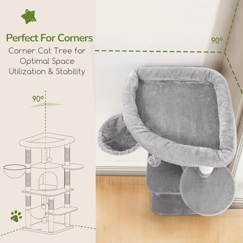 Image of Globlazer Corner Cat Tree Tower for Indoor Cats, 51in Multi-Level Cat Condo Tower with Large Hammock, 7 Sisal Scratching Posts, Oversized Top Perch, Spacious Cat Cave, Hanging Basket, C51, Light Gray