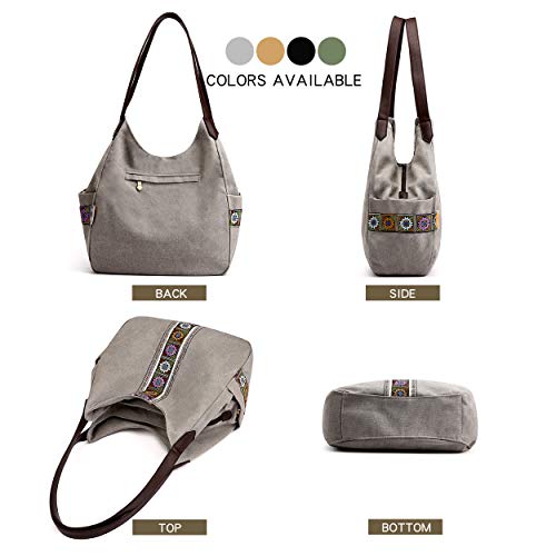 Fashion Modern Worldlyda Worldlyda Women Canvas Hobo Purse Multi Pocket Tote Shopper Shoulder Bag Casual Top Handle Handbag With Embroidery Ethnic Light Grey thumb #2
