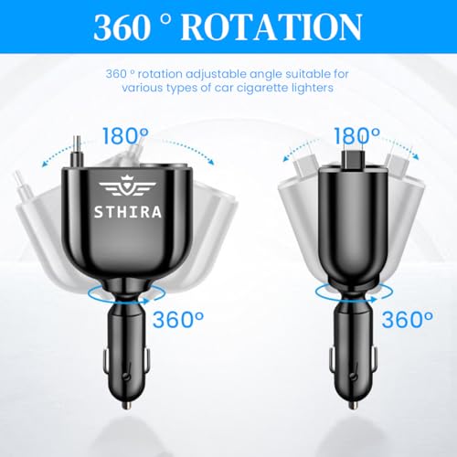 Image of 5 in 1 Car Cigarette Lighter Splitter with Retractable USB C Charging Cable, LCD Real Time Voltage Display, Dual PD 30W Type C Ports, USB A Port Universal 12V /24V Car Cigarette Lighter Charger