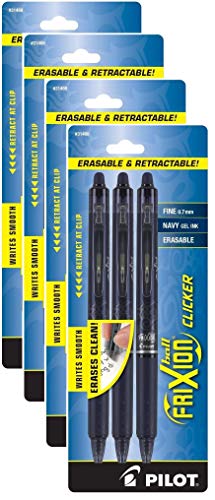 PILOT FriXion Clicker Erasable, Refillable & Retractable Gel Ink Pens, Fine Point, Navy Blue Ink, 3-Pack (31468) - 4 Pack