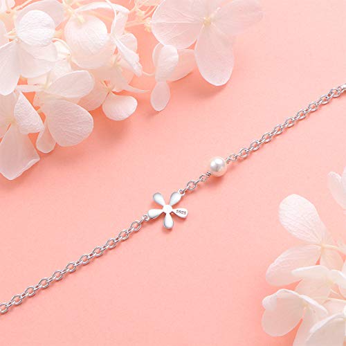 S925 Sterling Silver Jewelry Flower Charm with Freshwater Cultured Pearl Adjustable Chain Link Bracelet For Teen Girls, Little Girls, Children4