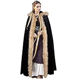 L'VOW Viking Fur Cloak with Hood Fur Hooded Cape for Women Men Ren Faire Medieval Cosplay(Black)