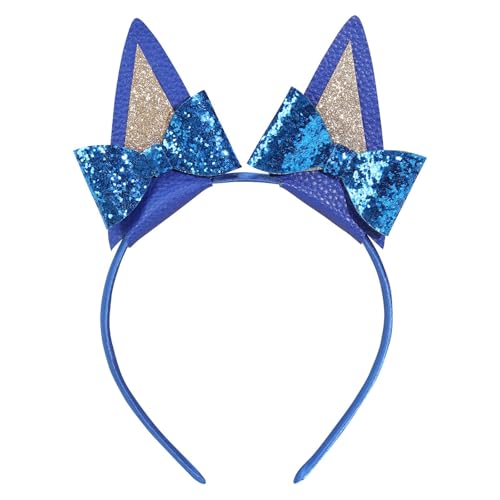 NCMAMA Blue Dog Ears Headbands For Girls 1Pcs Cat Ear Headband Halloween Birthday Party Supplies Glitter Hair Accessories Toddler Kids Adult (Blue-A)