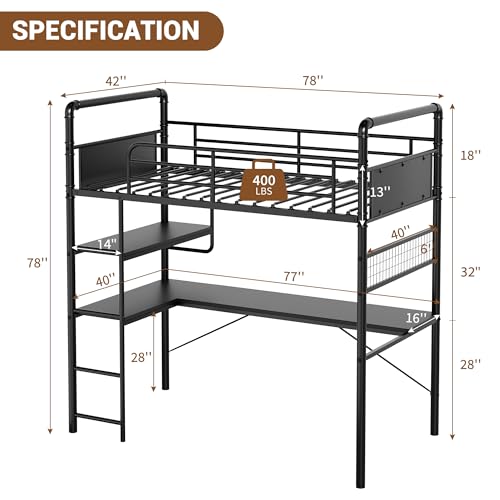 GarveeHome Loft Bunk Bed with L-Shaped Desk,Twin Loft Bed with Desk Underneath,Metal Bunk Beds with High Guardrail and Ladder for Kids/Teens/Adults,Easy Assembly, Vintage Black