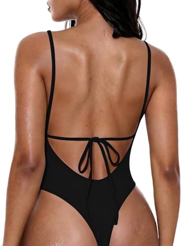 HYTENSUN Sexy One Piece Swimsuit Women Tummy Control Deep V Swim Suits 2026 Cheeky Backless High Cut Thong Bottom Bathing Suit Cruise Outfit Black M