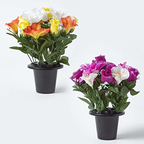 HOMESCAPES Set of 2 Artificial Grave Vases with Yellow, Purple & White Peony & Lilies Faux Flowers Grave Flowers in Black Pot, 30 cm