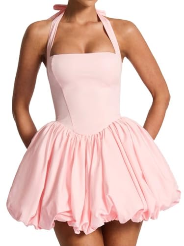 Image of Women's Y2K Sexy Halter Corset Mini Dress Backless Corset Bubble Ruched Waist Club Party Dresses
