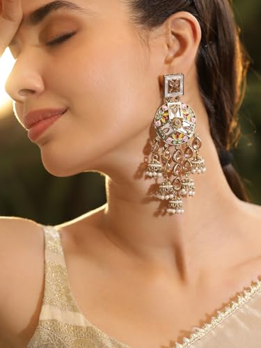 Image of Rubans Long Dangler Earrings Kundan & Pearl Ethnic Jewellery Gift for Women & Girls