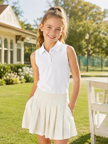 Image of Girls Sleeveless Polo Shirts Contrast Collar Tennis Golf Tank Tops Quick Dry Breathable Athletic Shirts