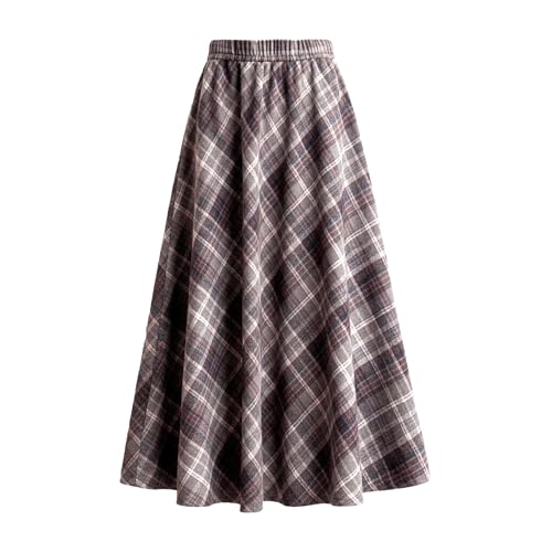 AULKEEP Womens Plaid Long Skirts Casual Pleated Skirts for Wool High Waist A-line Midi Skirts