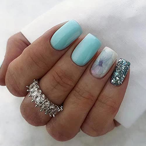 Ceboic 24Pcs Square False Nails Short，Light Blue French Tips Press on Nails，Glossy Stick on Nails w/ Glue Stickers，Shiny Vintage Full Cover Artificial Fake Nails Women Girls DIY Manicure Decoration