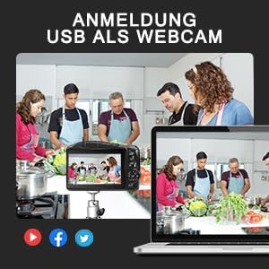 An image depicting the camera connected via USB to a laptop, functioning as a webcam for a video call with multiple participants in a kitchen setting. This highlights the USB webkaratteristika cam.