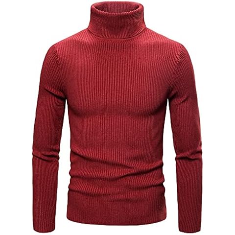 TANGLI Mens Jumper Knitwear Turtleneck Pullover Long Sleeve Warm Slim Fit Sweater Tops Mens Turtleneck Sweater Casual Ribbed Slim Fit Knitted Jumper High Roll Neck Basic Turtleneck Pullover A-red Cover