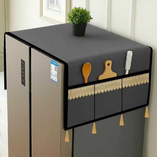 Image of Refrigerator Double Door Waterproof, Dustproof, Tassel Lace Refrigerator Top Cover, Protective Covers for Fridges with Extra Storage Space Nylon Top cover with 6 Storage Pockets ( Grey, 170 x 65 cm )
