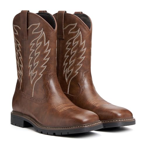 Image of Julyrose Men's Cowboy Boots - Western Boots Square Toe,Slip Resistant,Retro Embroidered Design,Slip on Chunky Heel Country Boot