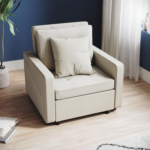 ZANOFIRA 3-in-1 Single Sofa Bed, Pull Out Convertible Sleeper Chair Bed with Adjustable Backrest, Pillow, Side Pockets, Breathable Linen Guest Bed for Living Room, Bedroom, Cream White ZANOFIRA 3-in-1 Single Sofa Bed, Pull Out Convertible Sleeper Chair Bed with Adjustable Backrest, Pillow, Side Pockets, Breathable Linen Guest Bed for Living Room, Bedroom, Cream White