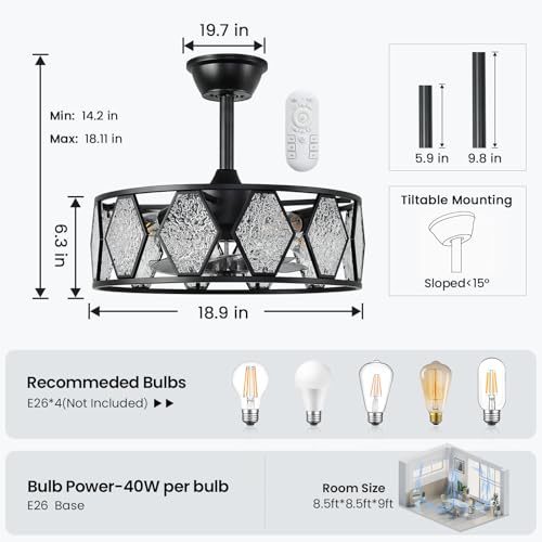 Image of Ceiling Fan with Lights and Remote, 19 Inch Modern Fandelier Ceiling Fan with Brushless DC Motor, Semi Flush Mount Drum Ceiling Fan with 6 Speeds, Reversible Quiet Indoor Fan for Bedroom Living Room