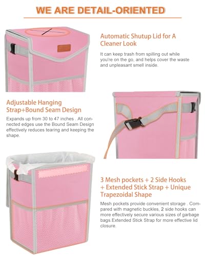Image of Pritent Car Trash Can with Lid, Cute Leakproof Car Trash Garbage Bag Hanging Vehicle Trash Bin Small Portable Automotive Garbage Cans Organizer for Back /Front Seat /Console(2.8 gal,Pink
