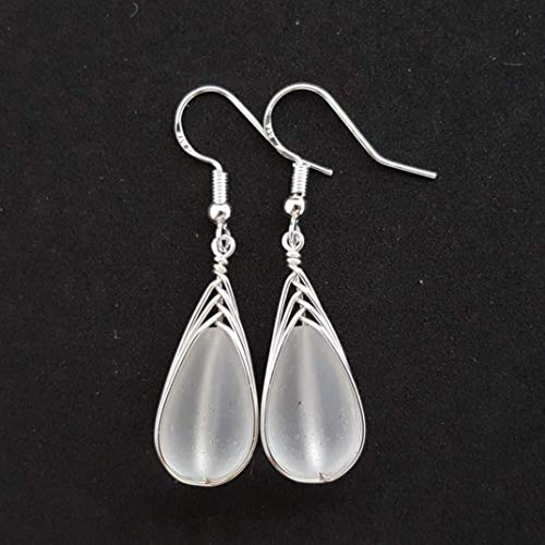Handmade in Hawaii, Special Wire Braided"Crystal" sea glass earrings,"April Birthstone", (Hawaii Gift Wrapped, Customizable Gift Message)