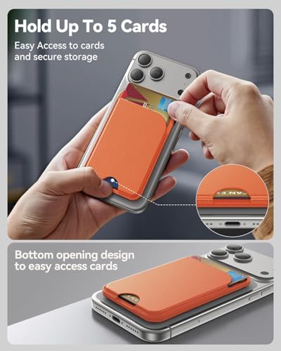 Image of Meyaar Magnetic Wallet for iPhone & Android | MagSafe Card Holder with 2 Adhesive Metal Rings | 5 Card Holder for MagSafe Cases & Android Phones | Vegan Leather (Orange)