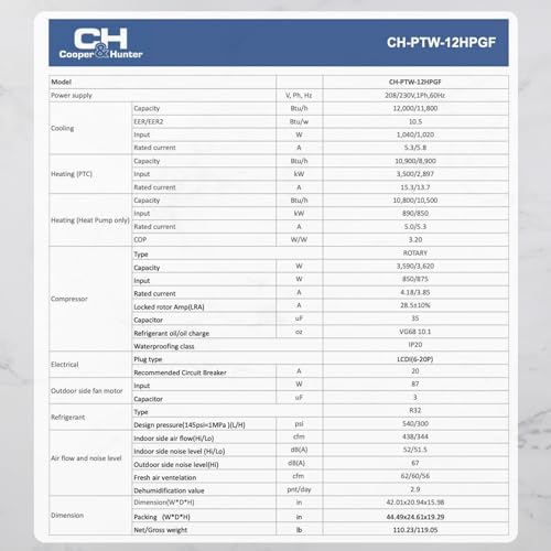 Cooper & Hunter 12,000 BTU PTAC Packaged Terminal Air Conditioner & Heat Pump – Built-In 3.5kW Electric Heater – Includes Wireless Smart Kit, Remote & Power Cord – R-32 Refrigerant by Cooper & Hunter - Image 8