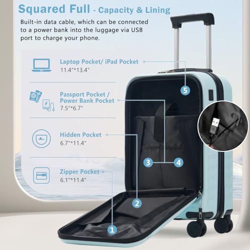 Expandable 3 Piece Hardside Luggage Set Front Opening Carry on Suitcase with USB Port Spinner Wheels TSA Lock (Light Blue + ABS)4